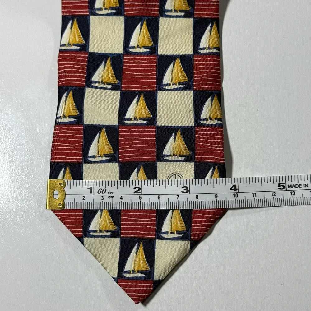Dunhill Vintage Silk Necktie Red Blue Nautical Sailboat Checker Pattern Tie